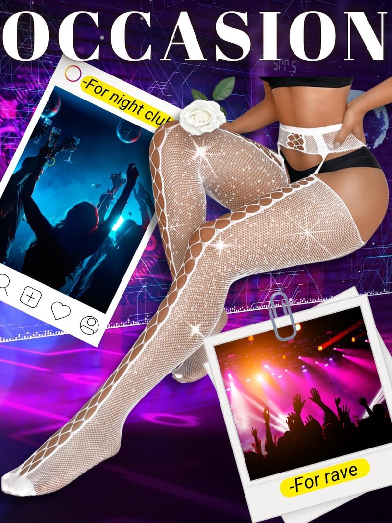 EHSUYAB Womens Sparkly Rhinestone Fishnets, Suspender Pantyhose With Garter Belt, Fishnet Stockings Sexy Costumes Rave Tights - Image 3